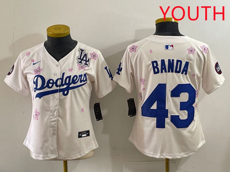 Youth Los Angeles Dodgers 43 Banda Cream Sakura Edition 2025 Nike MLB Jersey style 37